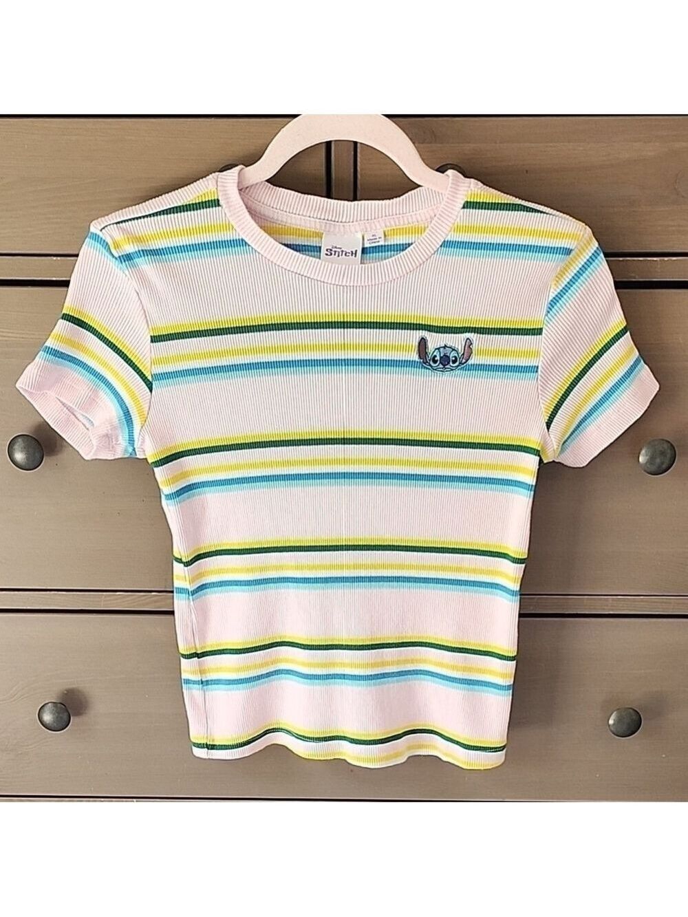 Disney Pink, With Stripe  Short Sleeve Tee with Embroidered Stitch